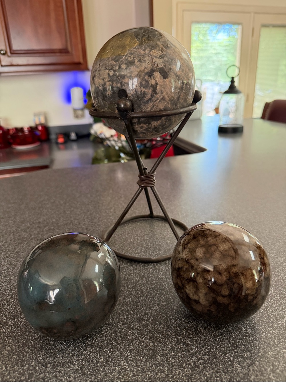 Decorative Marble Sphere Set with Metal Stand  and 2 Glass Spheres